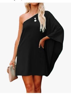 Amazon One-Shoulder Black Draped Sleeve Dress